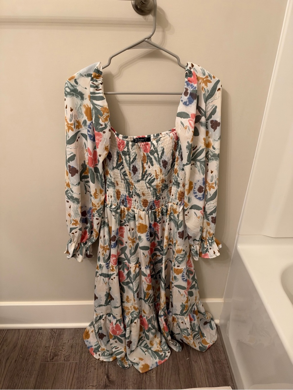 Floral Smocked Midi Dress in Cream with Multicolor Print